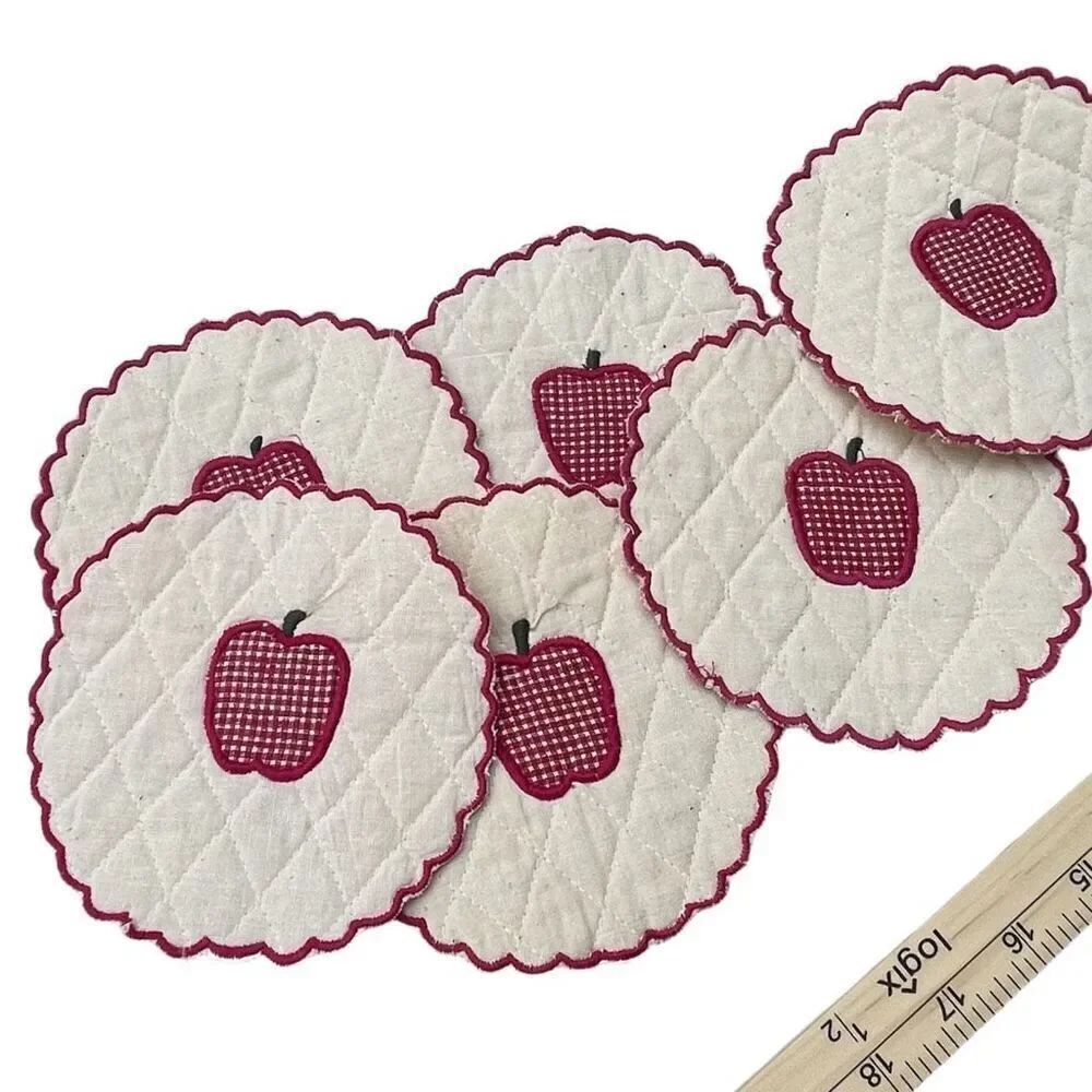 Handmade lot of 6 coasted hot pads, quilted gingham apples.